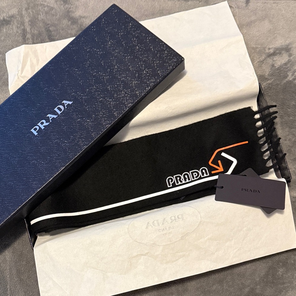 Prada Black Scarf with White and Orange Details